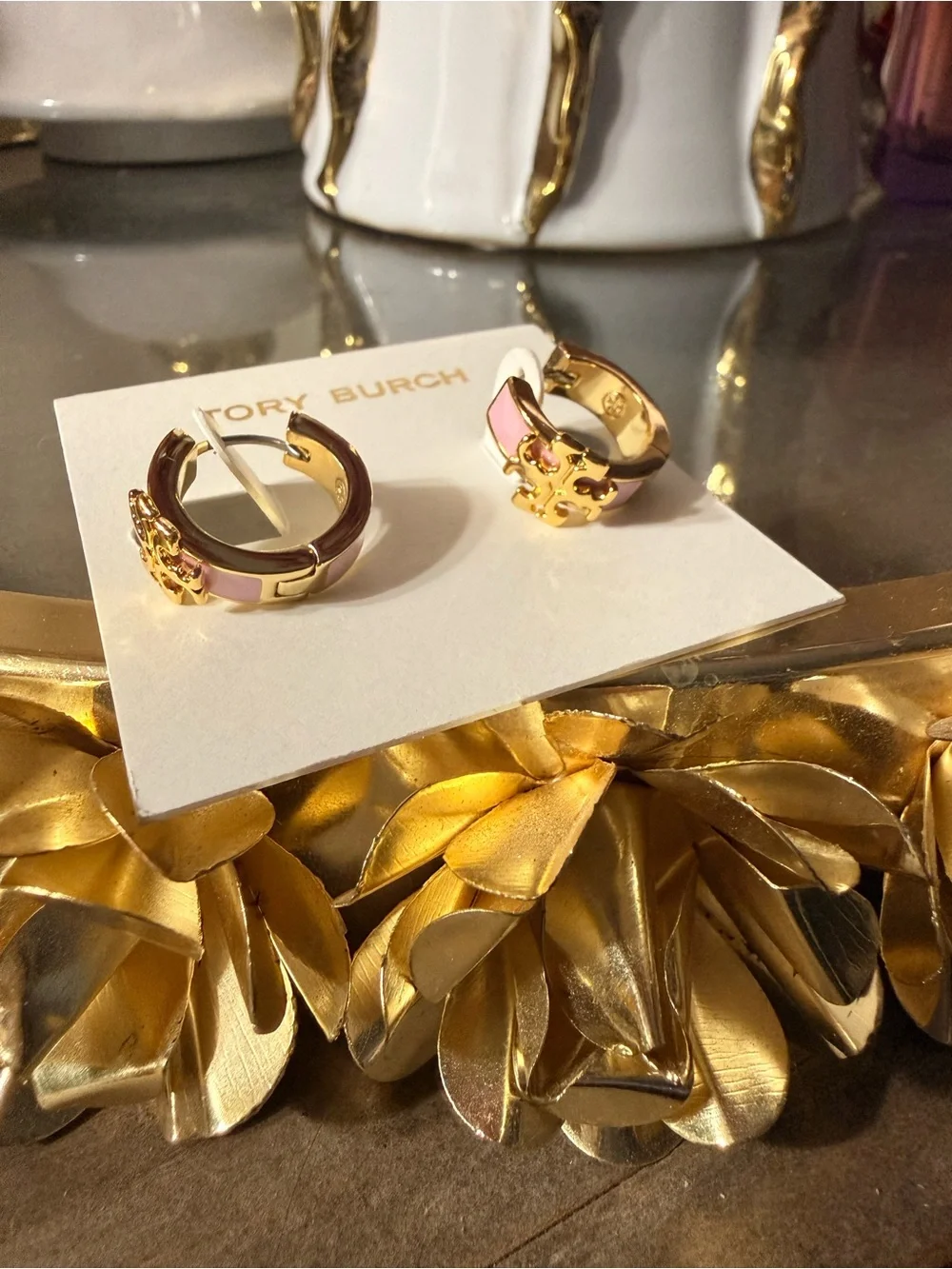 Tory Burch Pink and Gold Enamel Logo Hoop Huggie Earrings